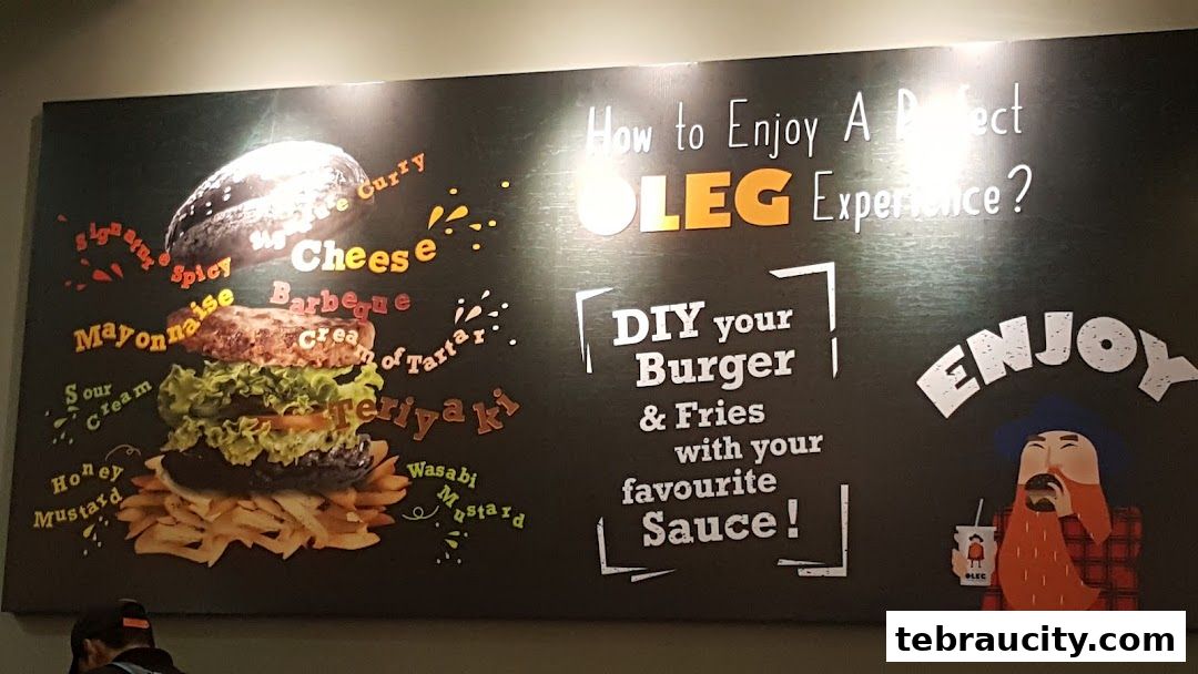 A large sign showcasing a DIY burger experience with various sauce options and a cartoon character.