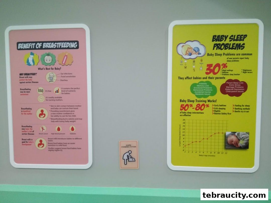 Two informational posters about breastfeeding benefits and baby sleep problems.