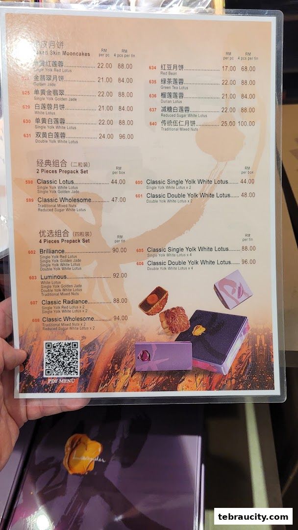 A menu from Lavender Bakery showcasing various mooncakes with prices and descriptions.