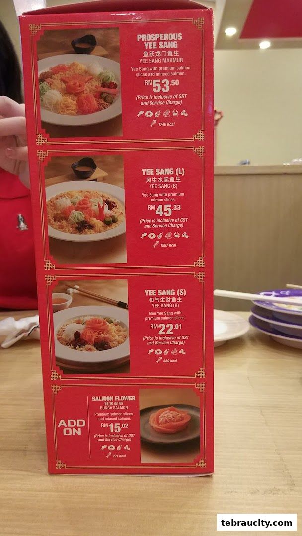 A menu featuring various sizes of Yee Sang and a salmon flower add-on.