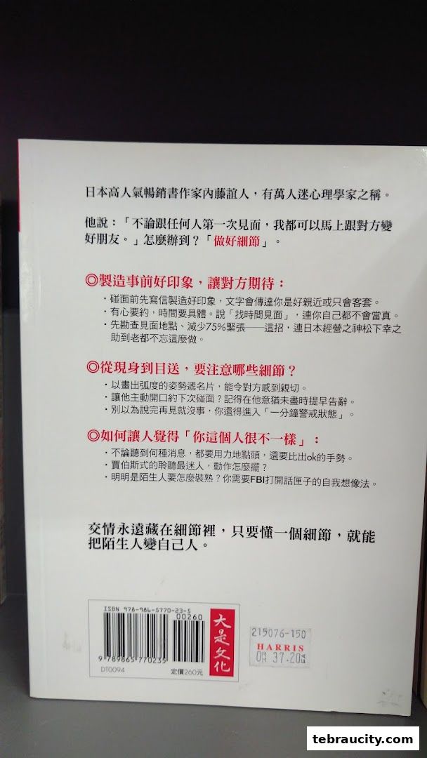 Back cover of a book with text about making good impressions and details.