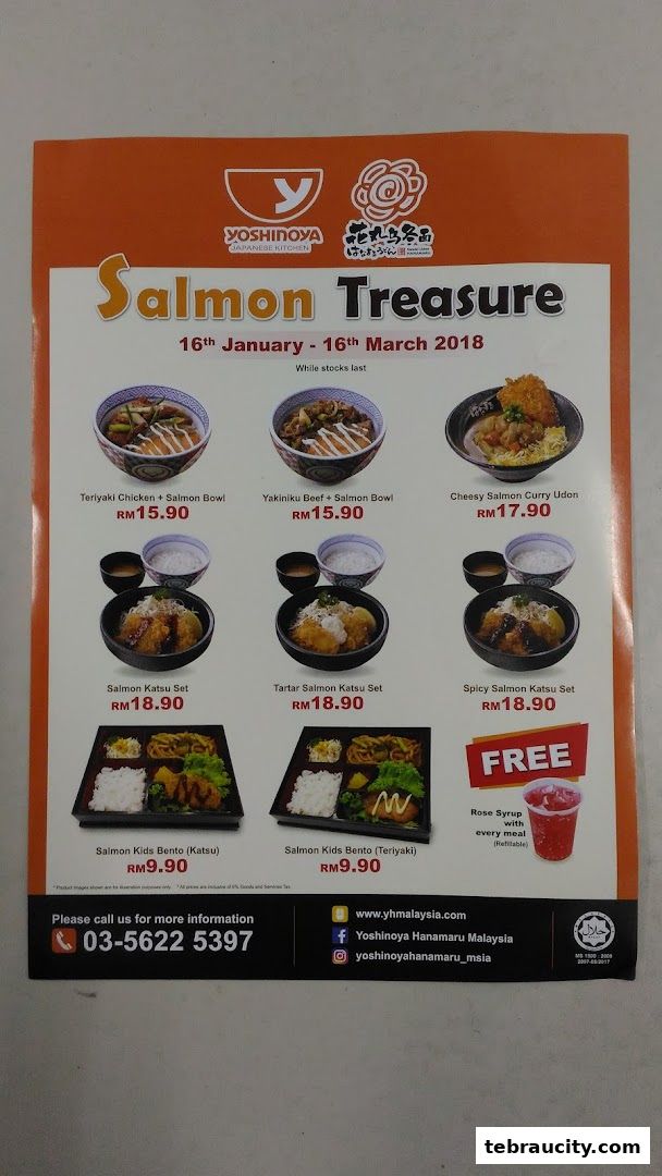 A menu from Yoshinoya featuring their Salmon Treasure promotion with various salmon dishes.