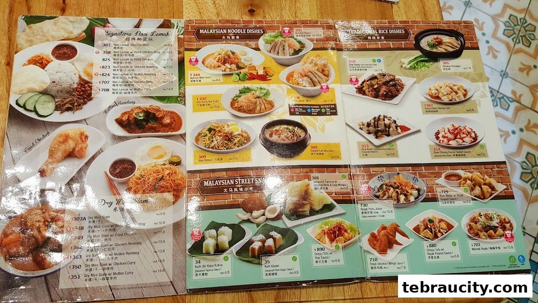 A menu from Lavender Bakery featuring Malaysian noodle dishes, rice dishes, and street snacks.