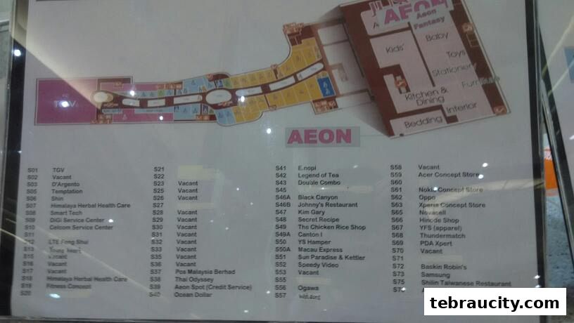 A mall directory map showing store locations and a list of shops.