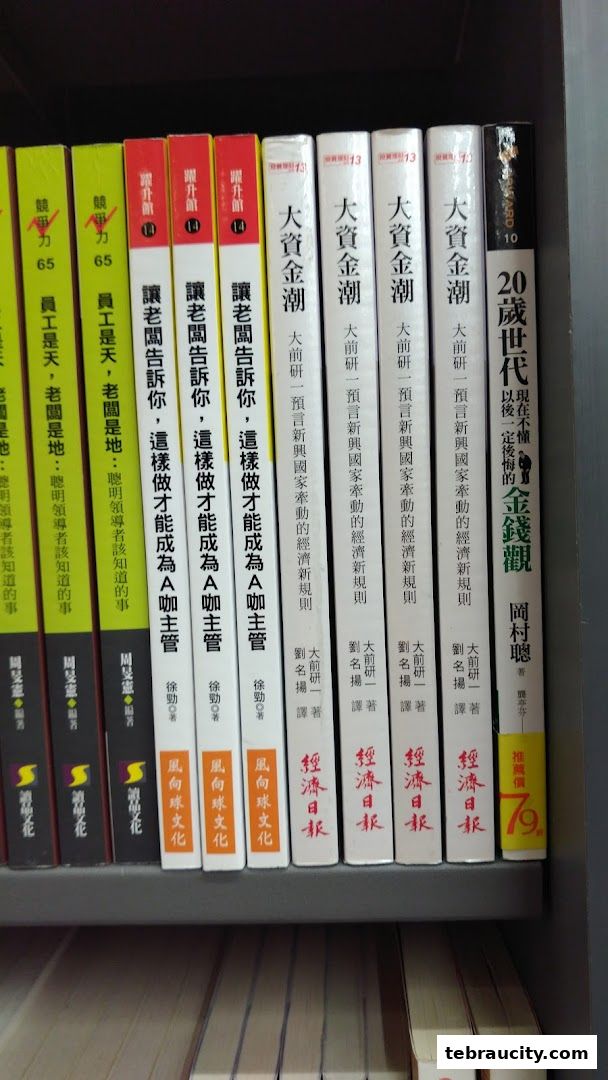 A bookshelf filled with various business and finance books in Chinese.