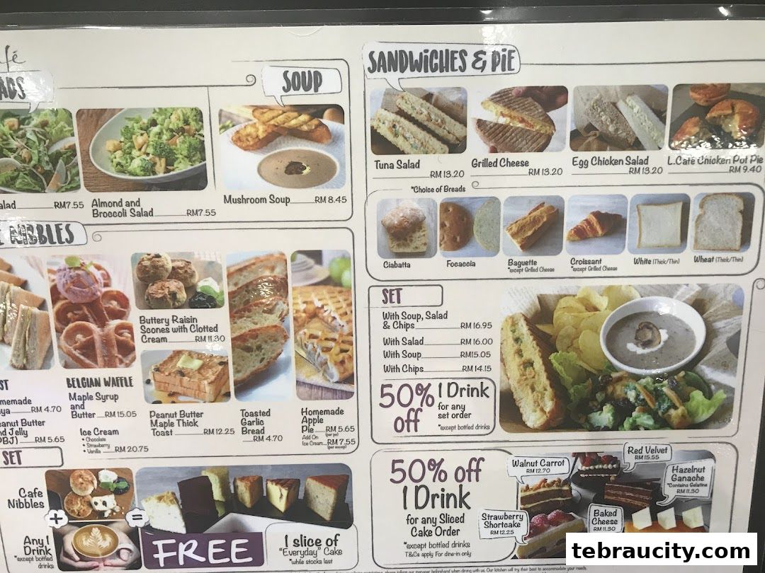 A menu board displaying various food and drink items with images and prices.