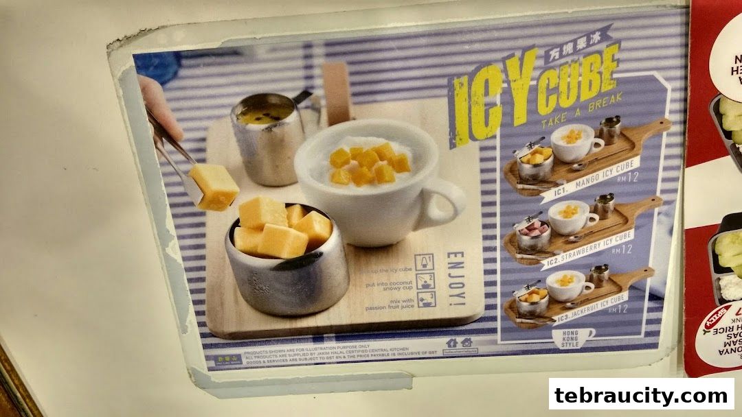 A menu display showcasing three varieties of icy cube desserts with prices.