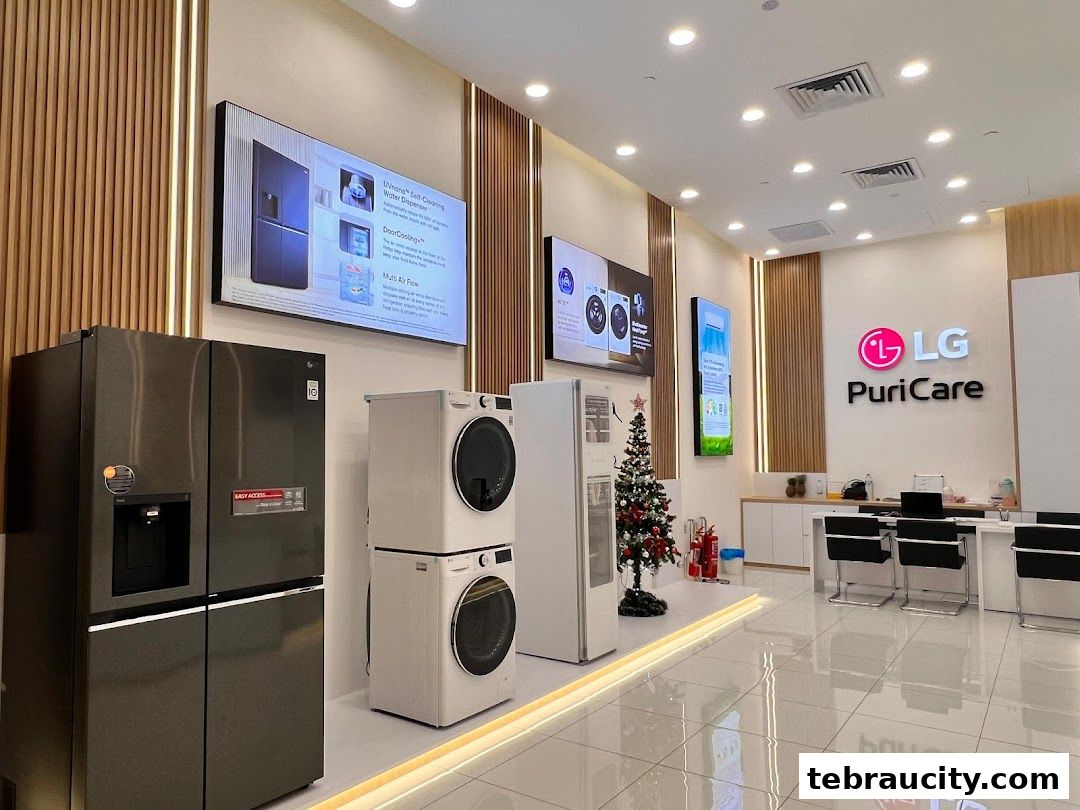 Interior view of LG PuriCare store showcasing refrigerators, washing machines, and air purifiers.