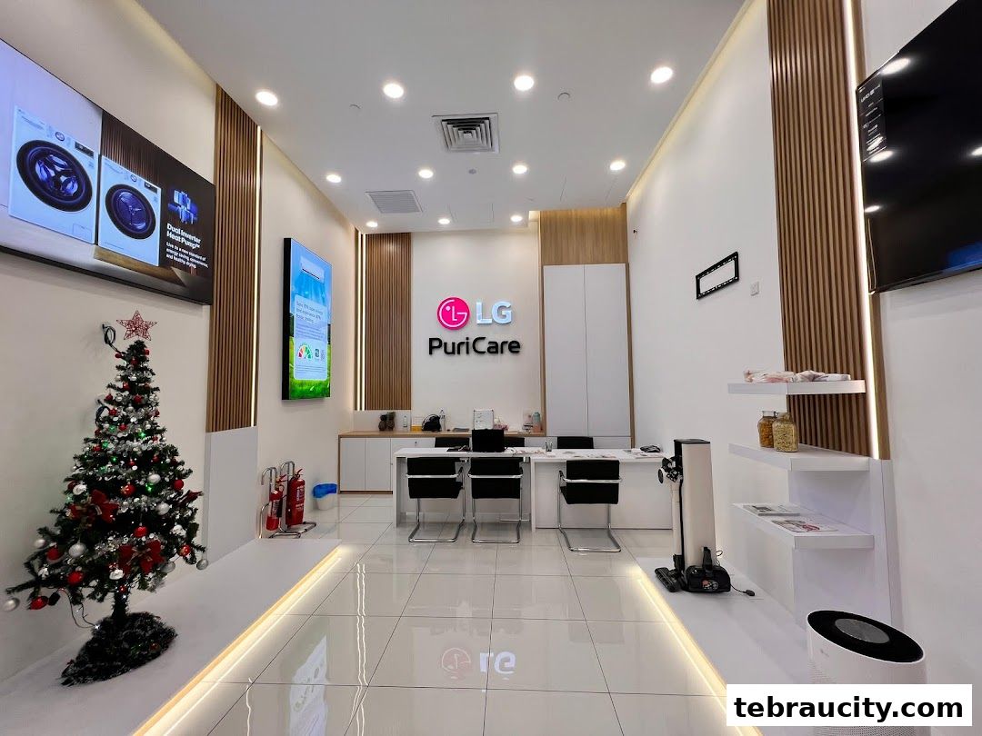 Interior view of LG PuriCare store with products, a Christmas tree, and a reception desk.
