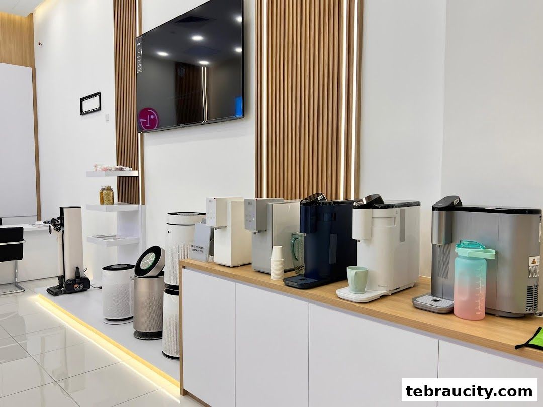 Interior shot of LG Puricare Aeon Tebrau City showcasing air purifiers and water dispensers.