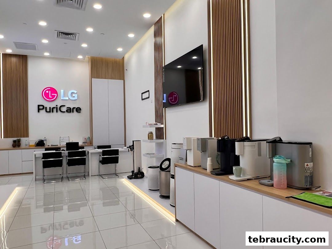 Interior of an LG PuriCare shop showcasing air purifiers and water dispensers.