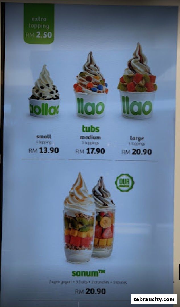 A menu display for Llaollao frozen yogurt with various sizes and toppings.