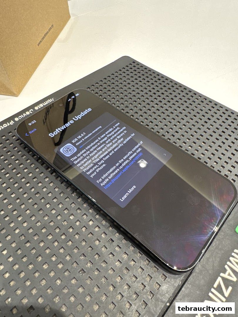 An iPhone displaying a software update notification for iOS 18.4.1.