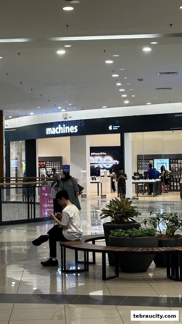 The Machines Apple Reseller Store front with customers browsing inside.