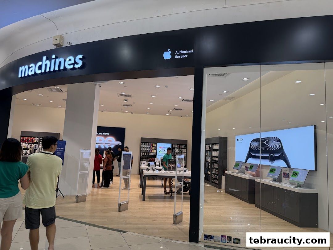 The entrance of a Machines Apple Reseller Store with Apple products displayed inside.