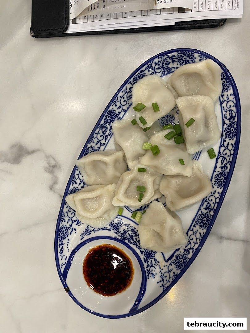 A plate of delicious dumplings with a side of dipping sauce, garnished with green onions.
