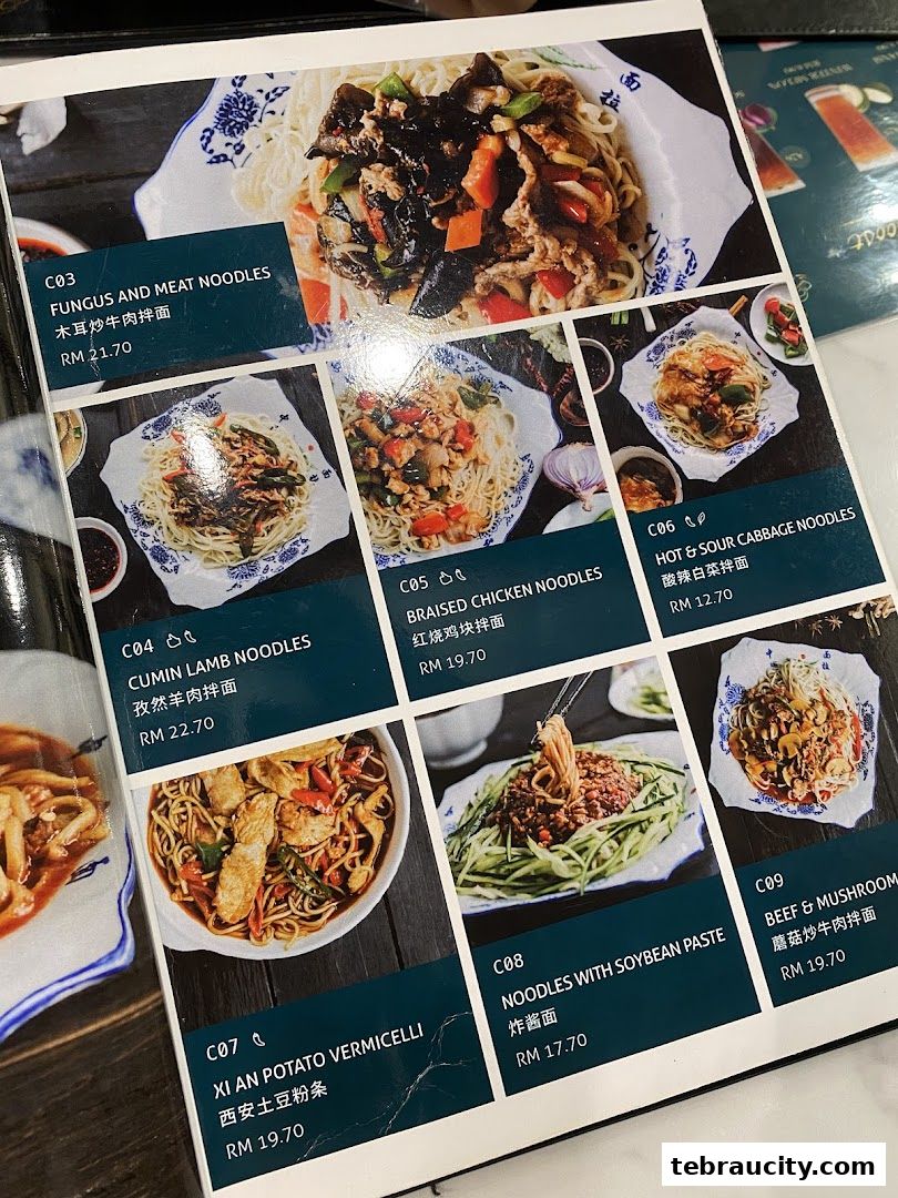 A menu showcasing various noodle dishes with appetizing images and prices.