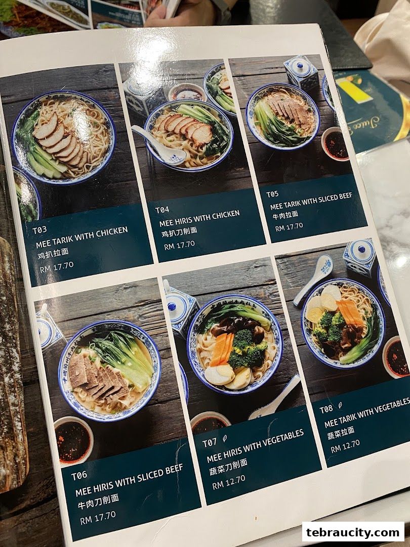 A menu page showcasing various noodle dishes with meat and vegetable toppings.