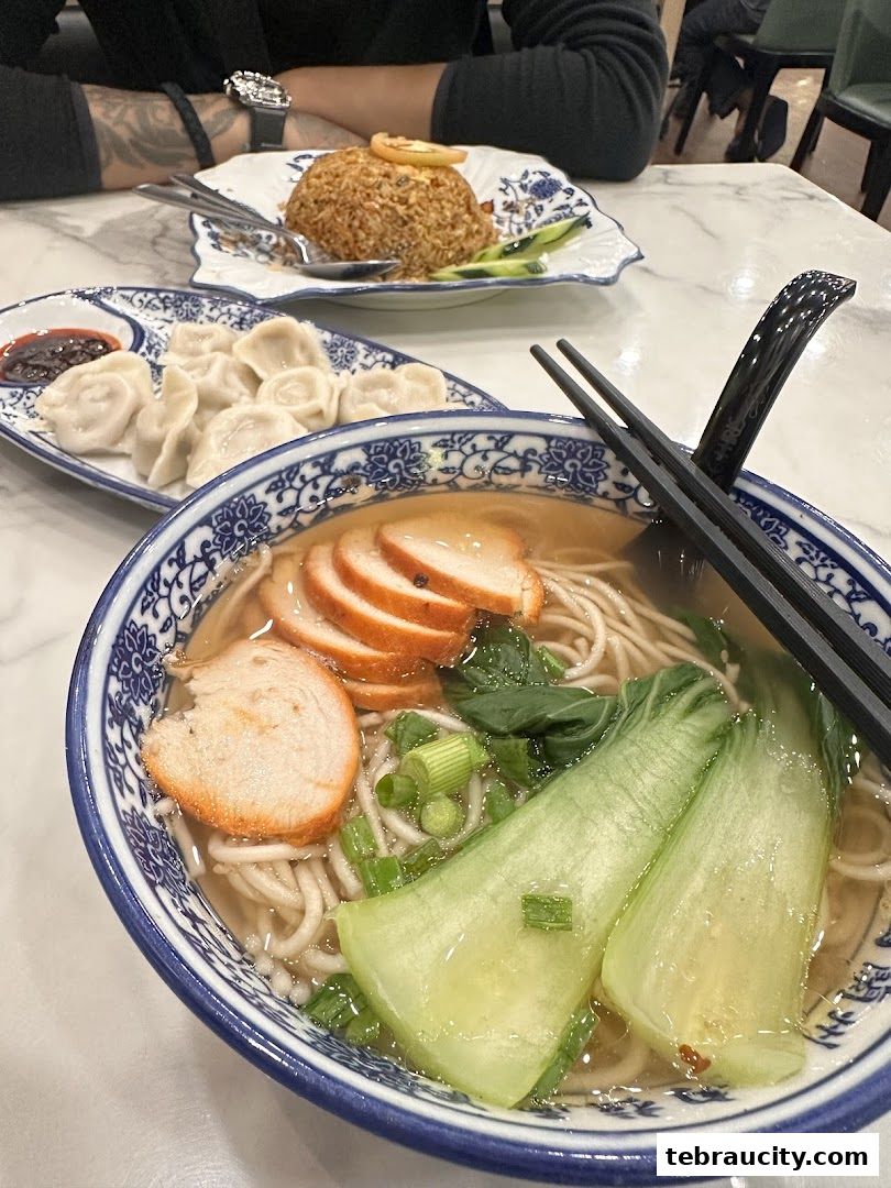 A close-up of a delicious noodle soup with meat and vegetables, alongside dumplings and fried rice.
