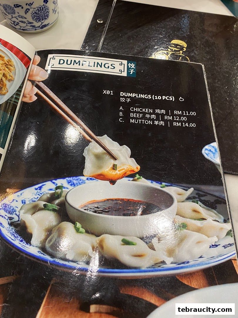 A menu page showcasing delicious dumplings with various filling options and prices.