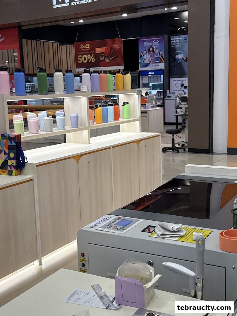 A retail shop interior displaying colorful water bottles and other merchandise on shelves.