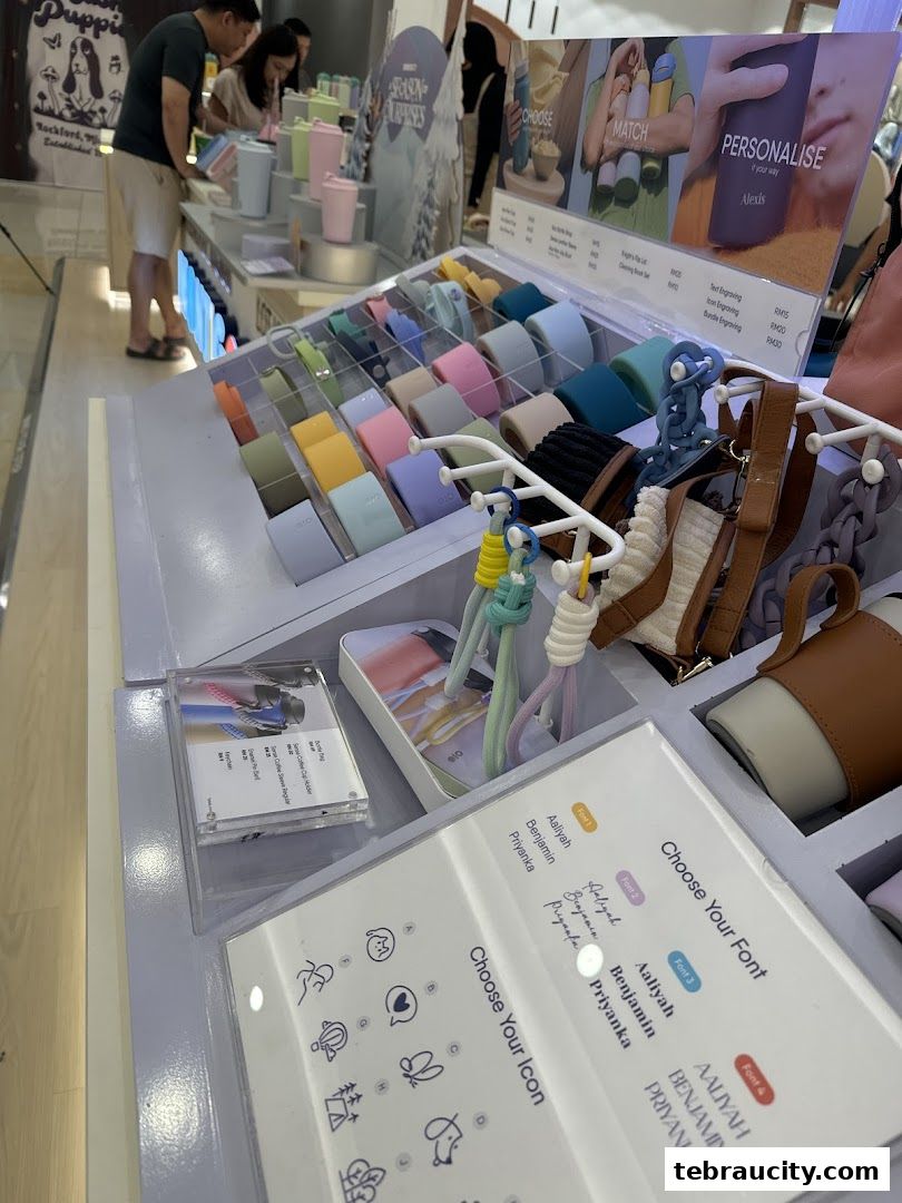 A display of customizable accessories with various color options and personalization choices.