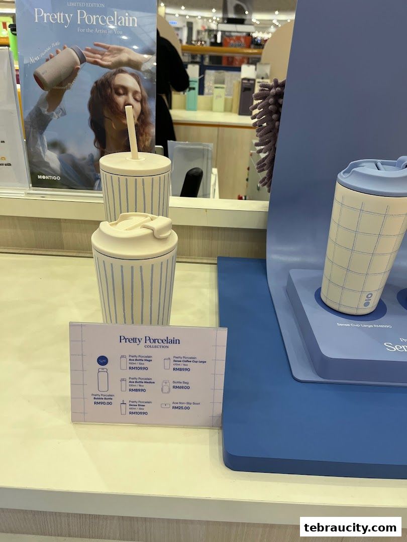 A display of Montigo's 'Pretty Porcelain' collection featuring stylish bottles and cups.