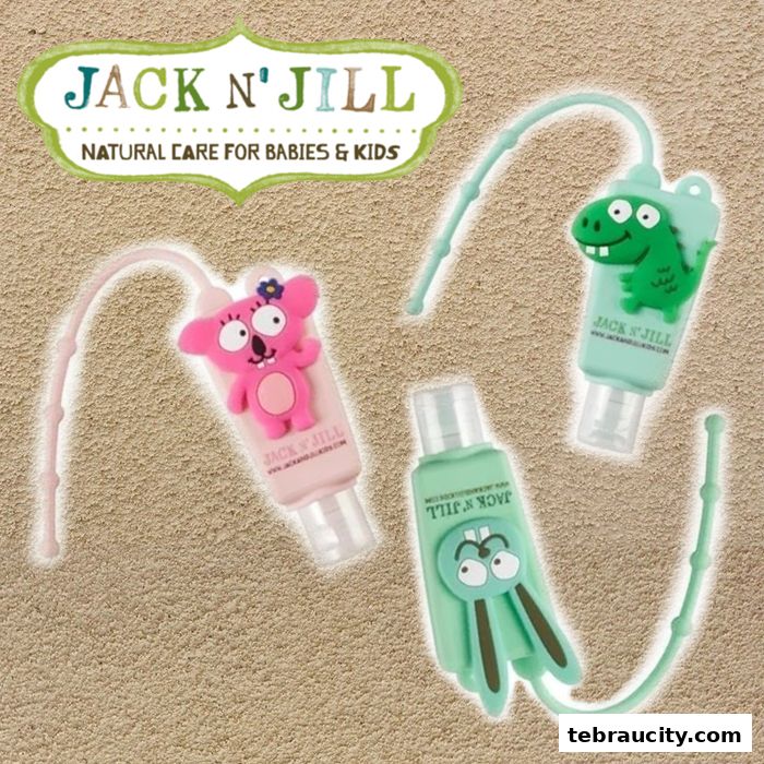 Three Jack N' Jill hand sanitizer bottles with cute animal designs and straps.