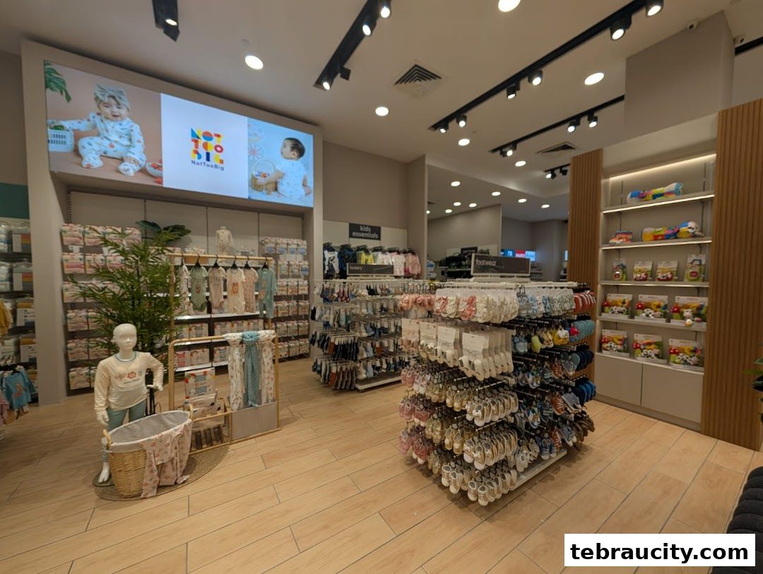 Interior view of a Mothercare shop showcasing baby clothing, footwear, and toys.