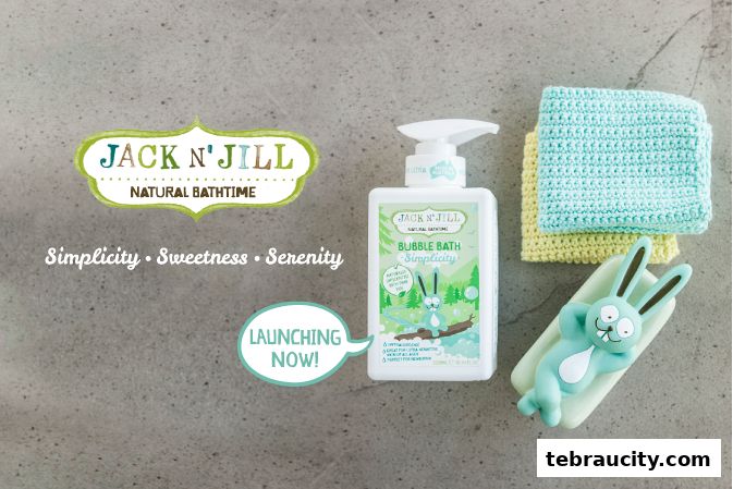 Jack N'Jill natural bubble bath with a bunny toy and washcloths.