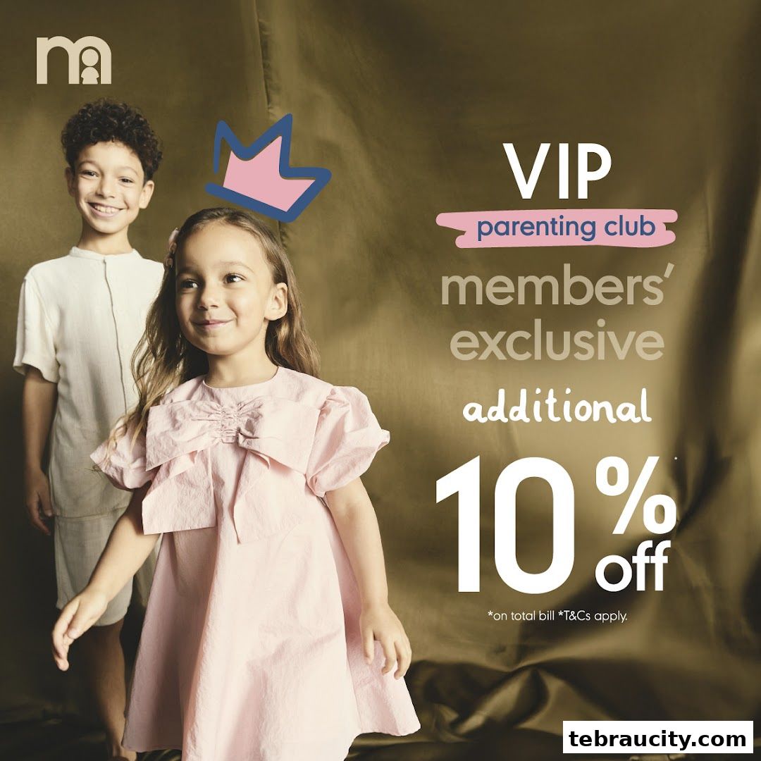 Two children smiling, with text promoting a VIP parenting club exclusive 10% off offer.