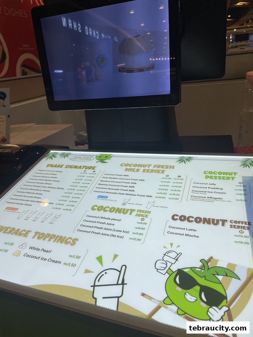 A menu for a coconut-themed drink shop with various fresh milk series, juices, desserts, and coffee.
