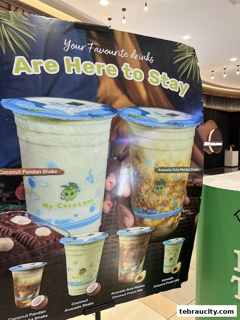 A promotional poster for My Cocoanut featuring various coconut and avocado shakes.
