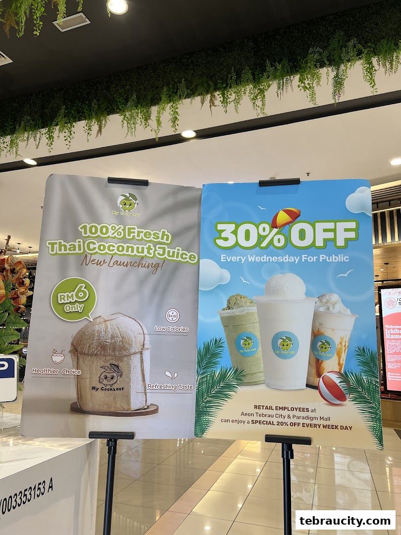 Two promotional posters for My Cocoanut, advertising fresh Thai coconut juice and discounts.