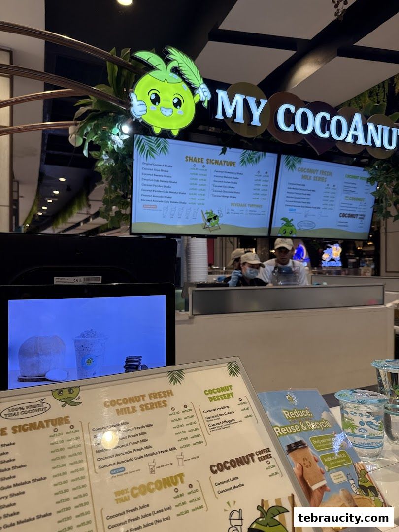 A menu for My Cocoanut Aeon Tebrau City, featuring coconut shakes, fresh milk drinks, and desserts.