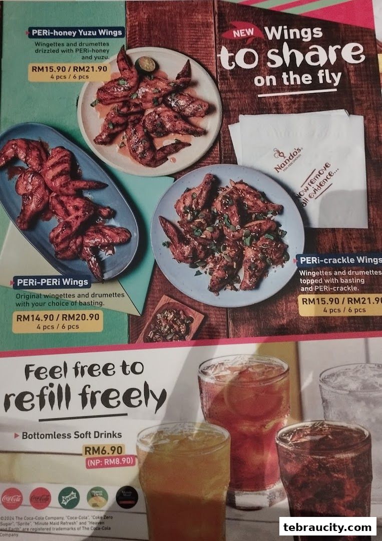 A menu featuring various peri-peri chicken wing flavors and bottomless soft drinks.