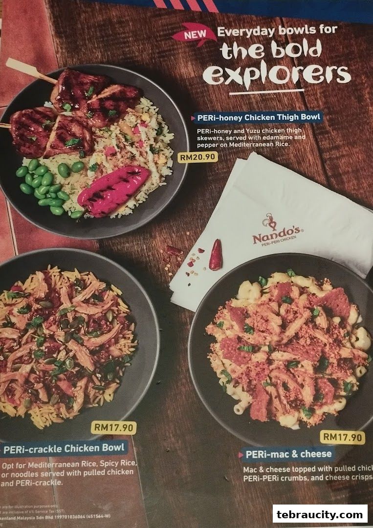 A menu showcasing three Nando's PERi-PERi Chicken bowls with descriptions and prices.