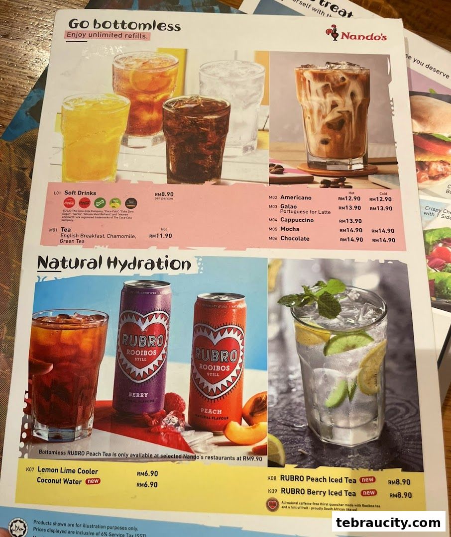 A menu from Nando's featuring bottomless soft drinks, coffees, and natural hydration options.