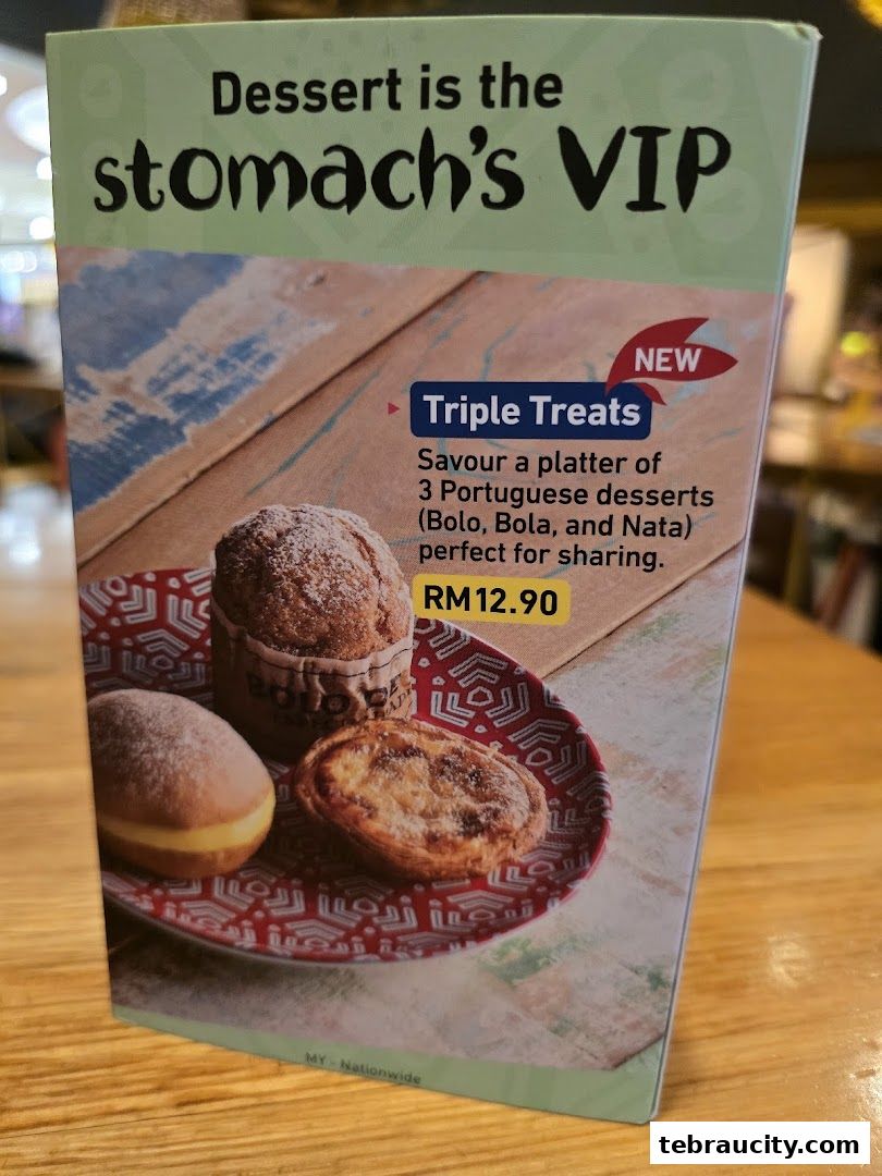 A menu item featuring a platter of three Portuguese desserts.