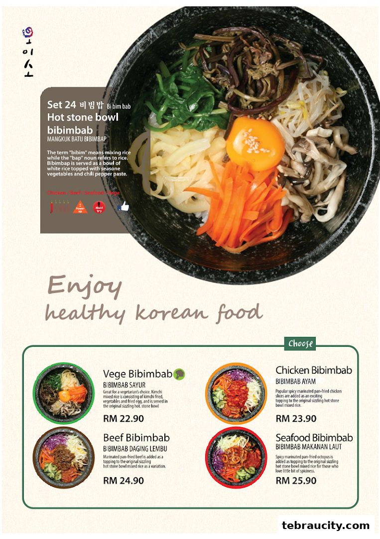 A menu showcasing various Bibimbab dishes with vibrant images and descriptions.