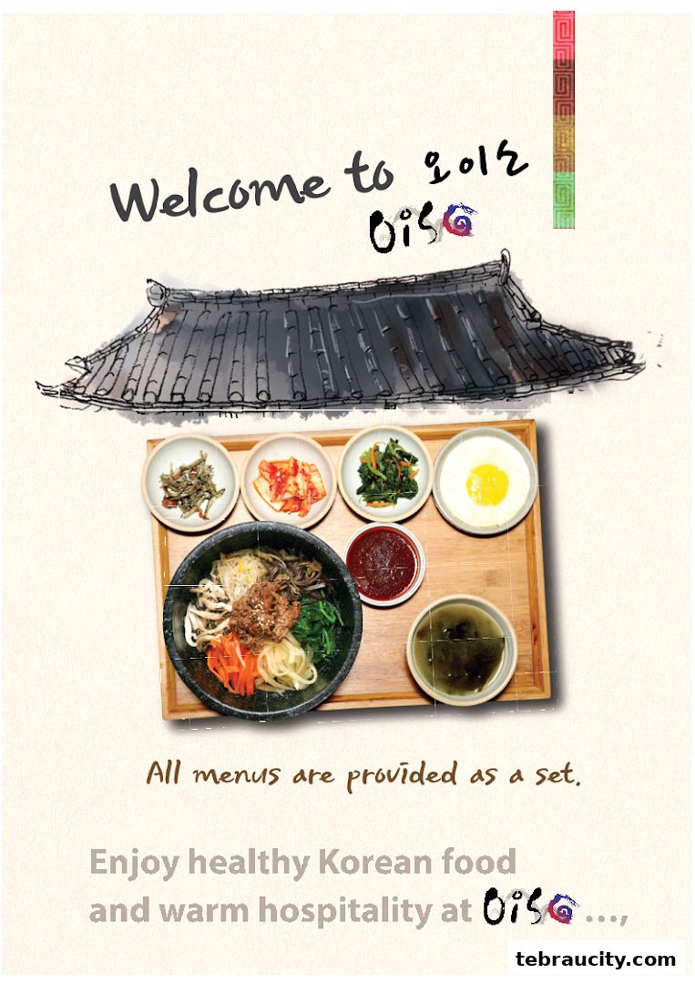 A watercolor illustration of a Korean meal set with bibimbap and side dishes.