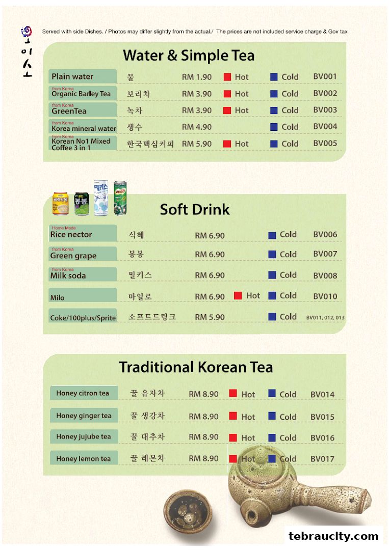 A menu for Oiso Korean Restaurant featuring drinks like teas, soft drinks, and traditional Korean teas.