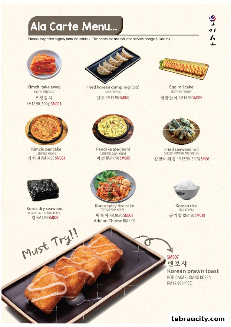 A menu from Oiso Korean Restaurant featuring various Korean dishes with images and prices.