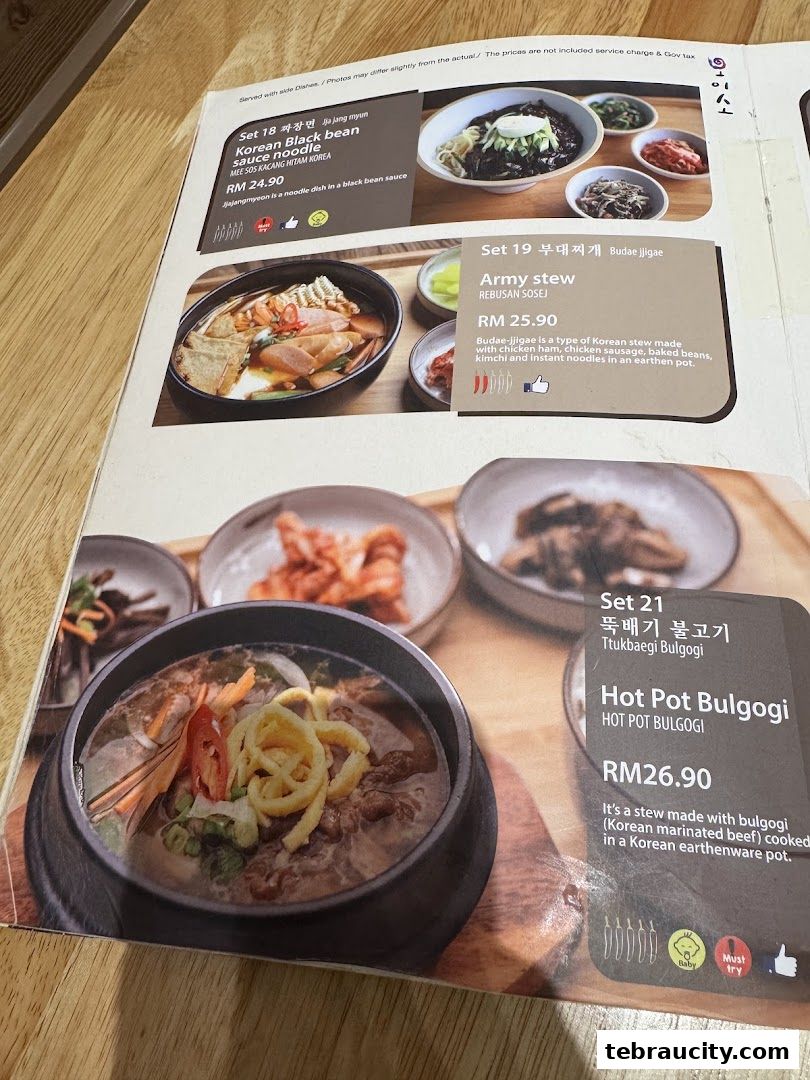 A menu from Oiso Korean Restaurant featuring Korean dishes like Jajangmyeon, Army Stew, and Hot Pot Bulgogi.