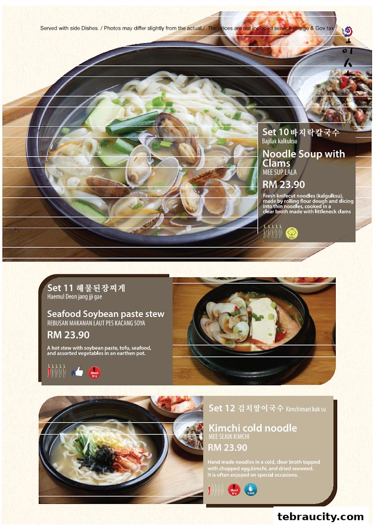 A menu showcasing three Korean dishes: Noodle Soup with Clams, Seafood Soybean Paste Stew, and Kimchi Cold Noodle.