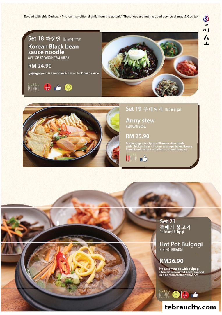 A menu showcasing three Korean set meals with descriptions and prices.