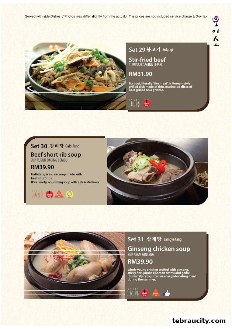 A menu showcasing three Korean dishes: Bulgogi, Galbi Tang, and Ginseng Chicken Soup.