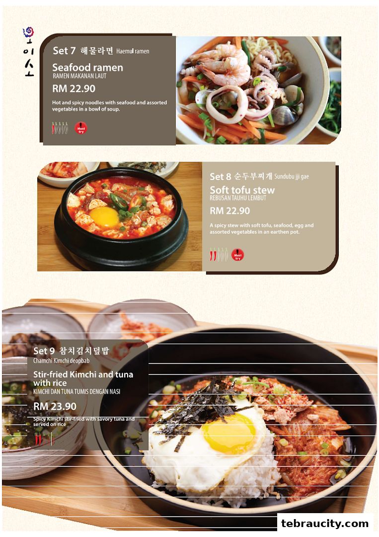 A menu showcasing three Korean dishes: seafood ramen, soft tofu stew, and stir-fried kimchi and tuna with rice.