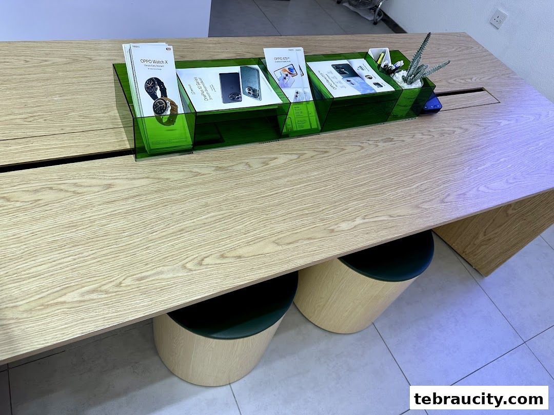 A wooden table displaying OPPO product brochures and decorative plants.