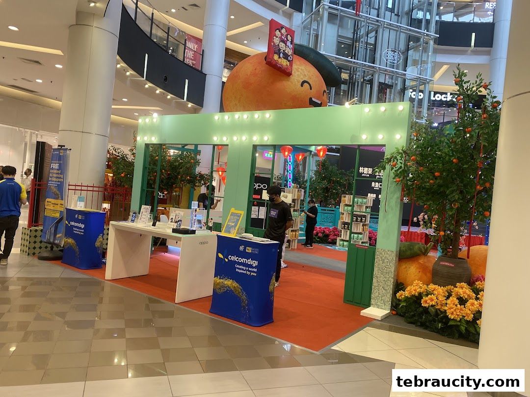 An OPPO Experience Store pop-up with festive decorations and mobile phone displays.